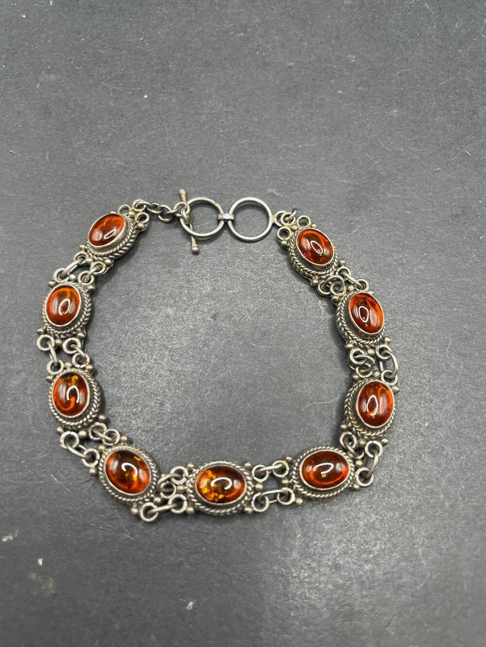 925 Sterling Silver Amber Link Bracelet Oval Cabochon Gemstone Toggle Clasp